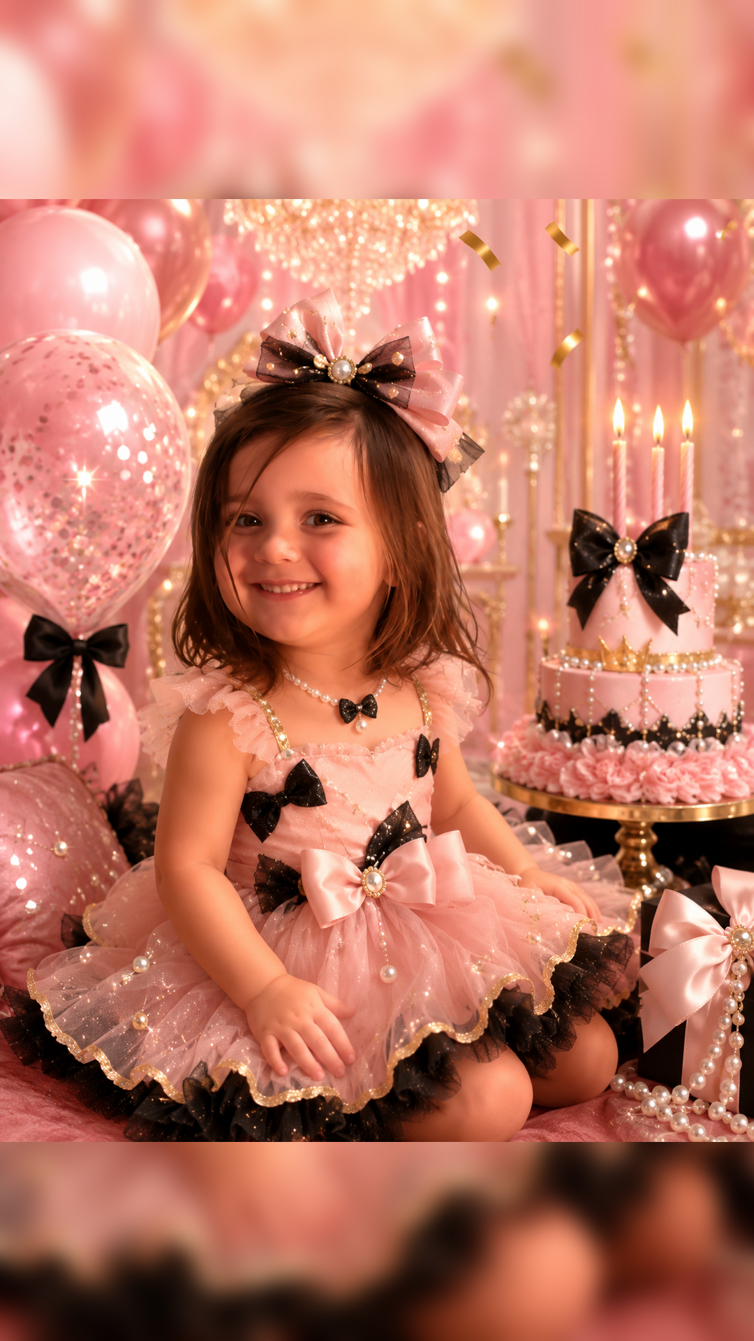 GG seated in a blush party setting beside her cake