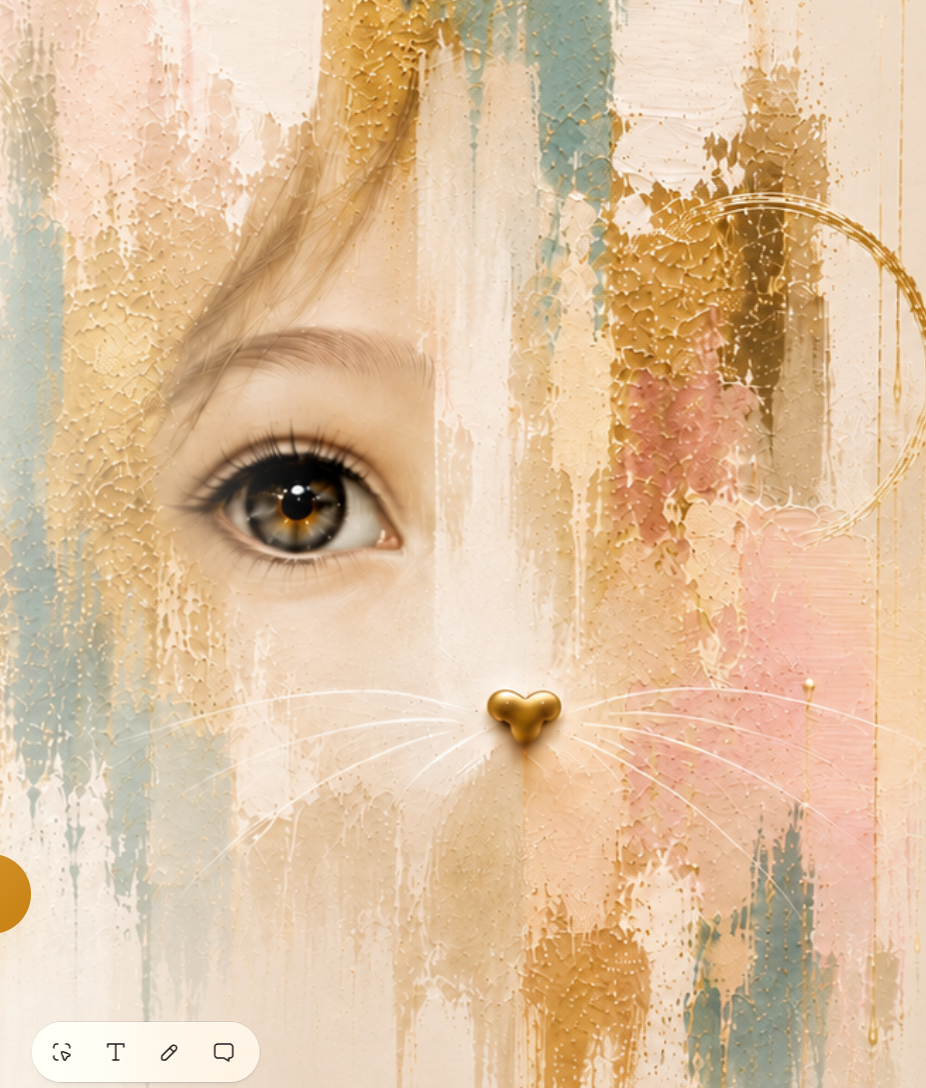 A painted portrait detail with GG's eye, golden Mickey heart nose and whiskers