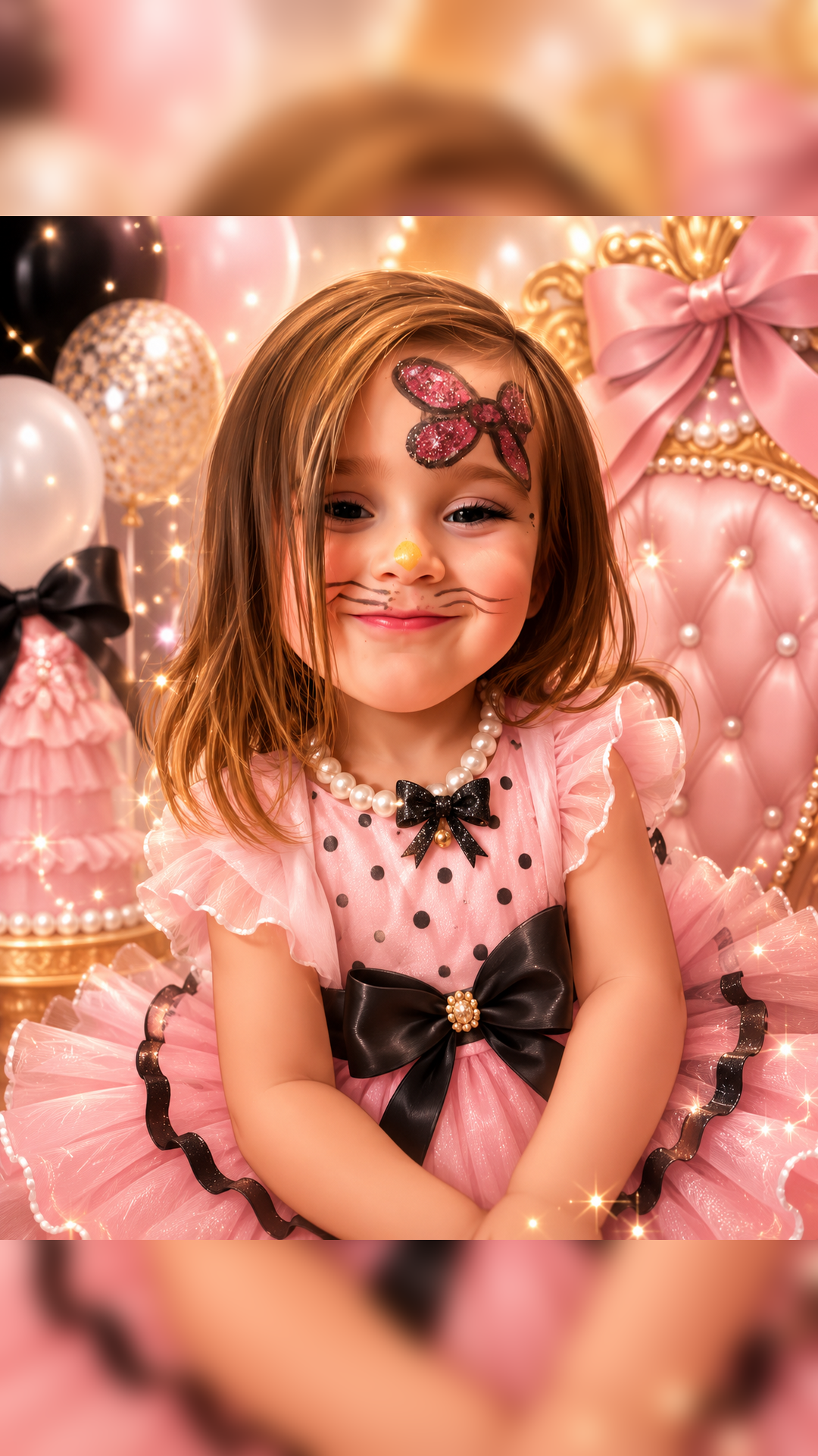 GG smiling with butterfly face paint in a pink dress