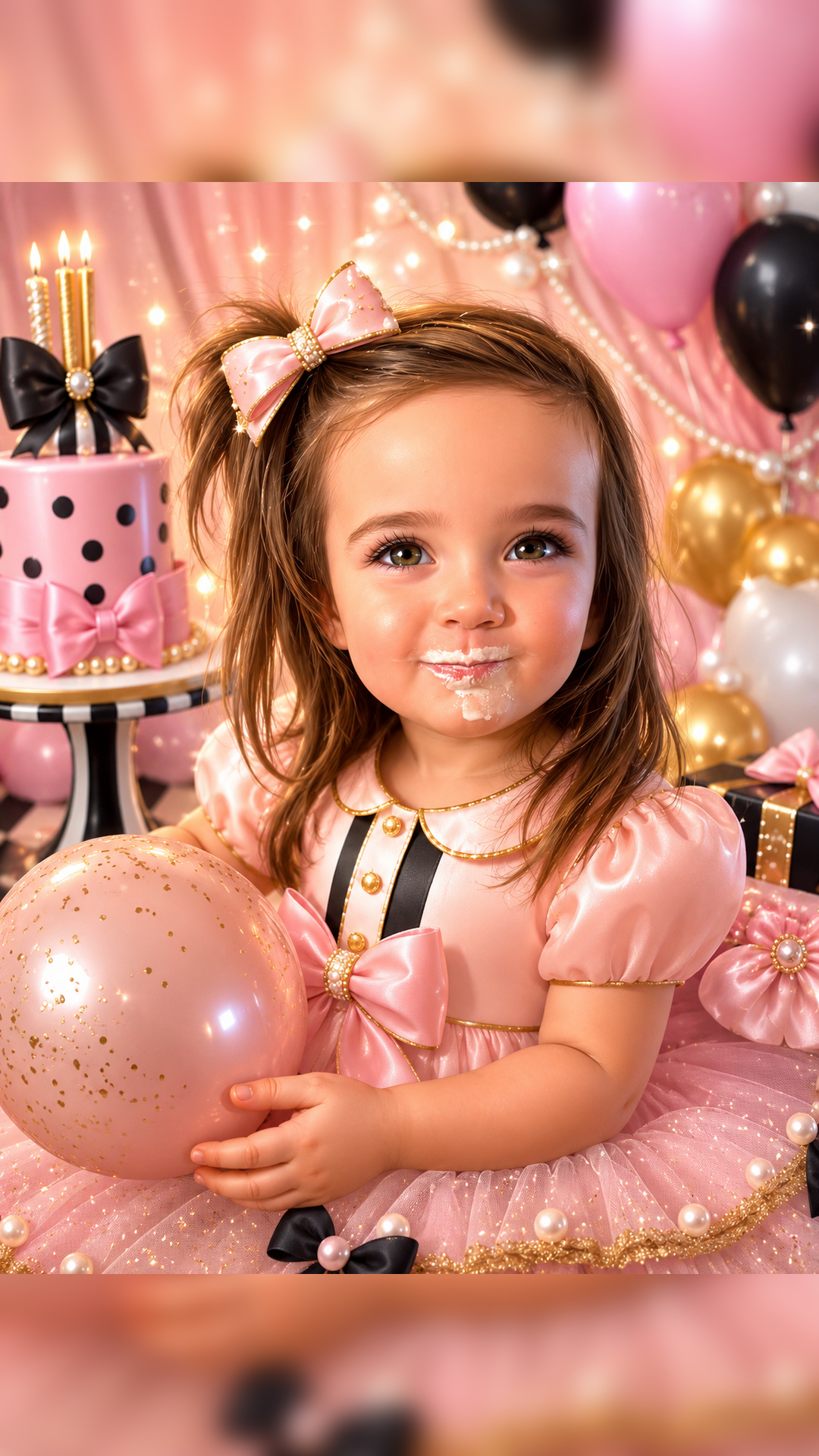 GG holding a balloon with birthday cake behind her