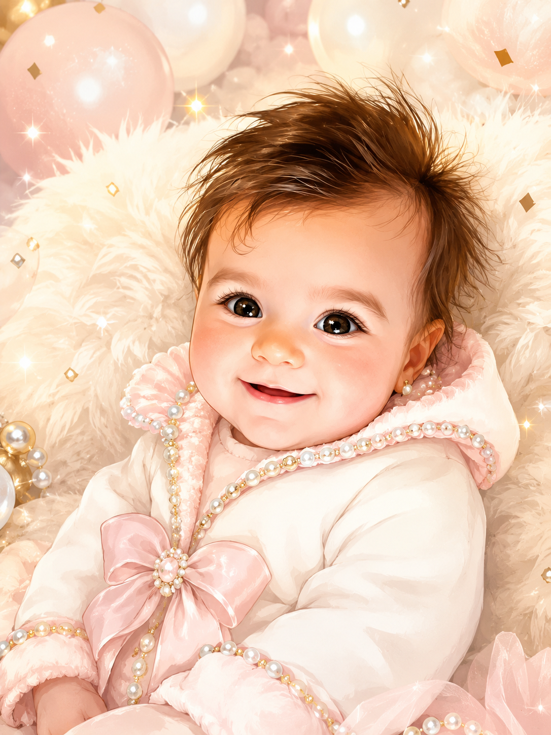 GG smiling in a white coat with pink bow details