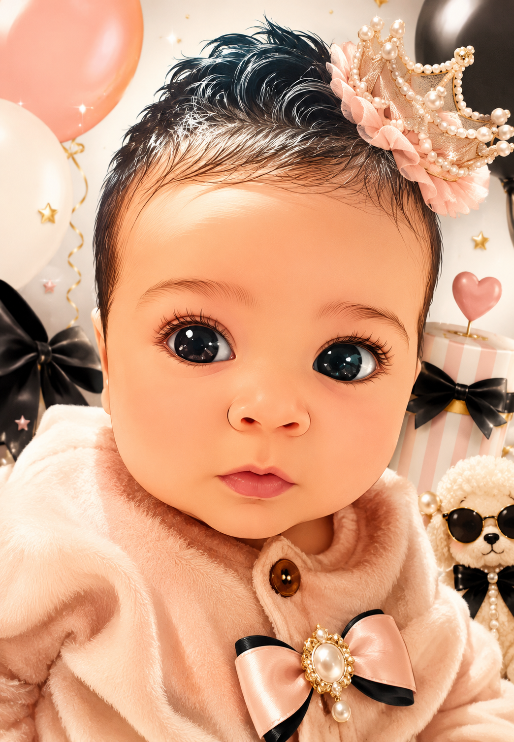 GG as a baby in a soft pink celebration outfit