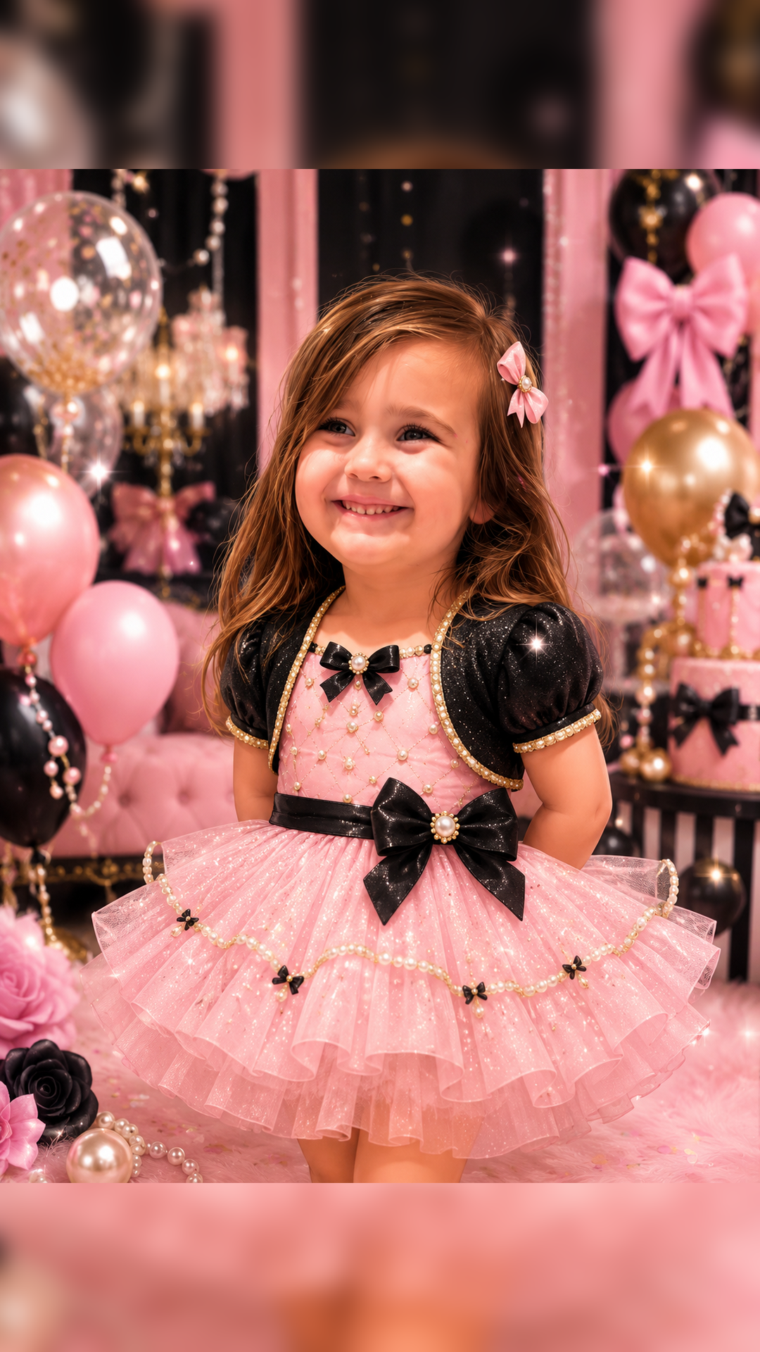 GG standing in a pink and black party dress