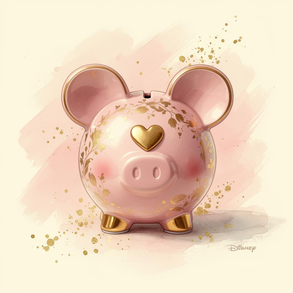 A pink and gold Mickey-eared piggy bank